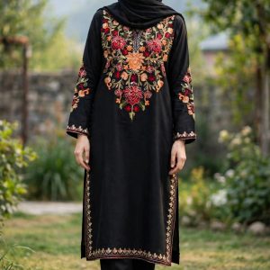 Kashmiri Floral Embroidered Black Kurta/Pherran