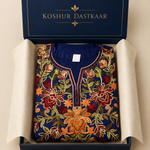 Navy-blue Kashmiri embroidered kurta for women with colorful floral patterns