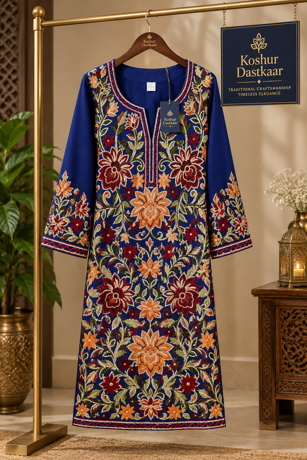 Navy Blue Kashmiri Embroidered Pheran – Elegant Floral Design - Image 2