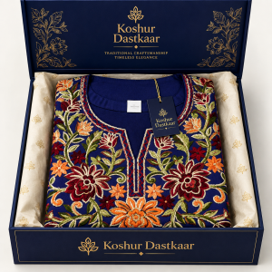 Navy Blue Kashmiri Embroidered Pheran – Elegant Floral Design