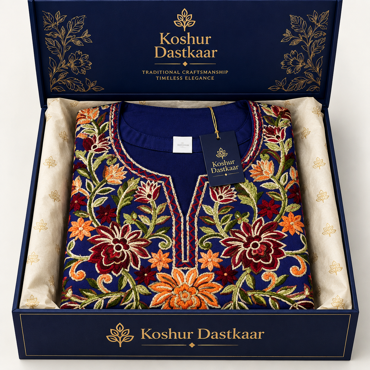 Navy Blue Kashmiri Embroidered Pheran – Elegant Floral Design