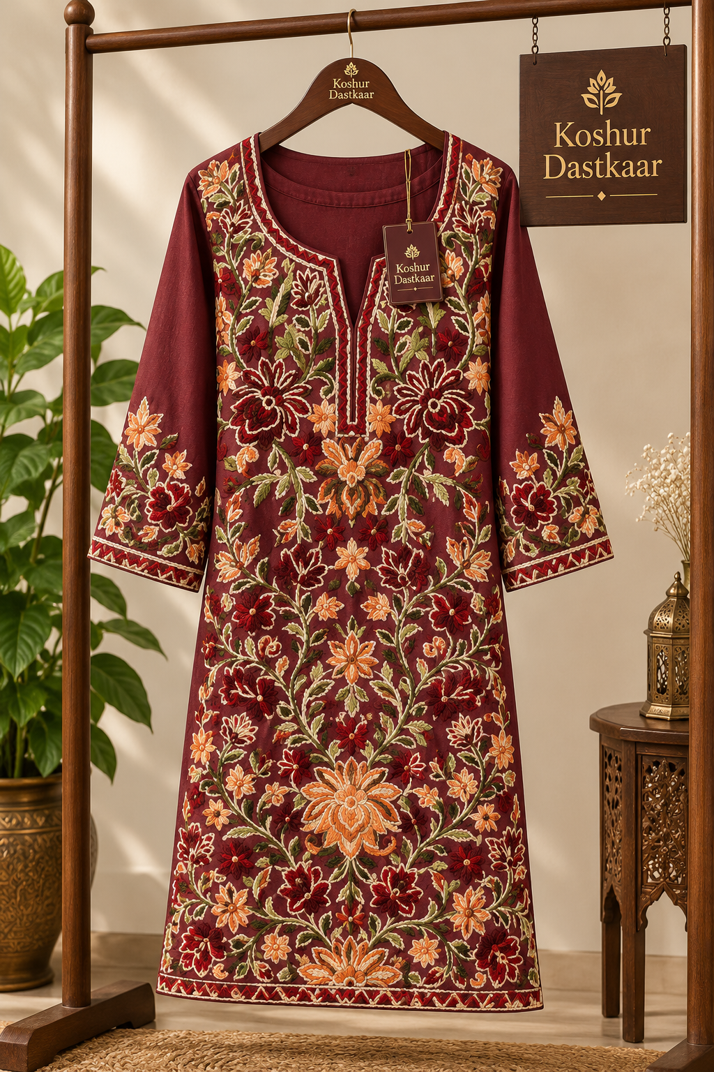 Maroon Kashmiri Embroidered Pheran | Koshur Dastkaar - Image 2