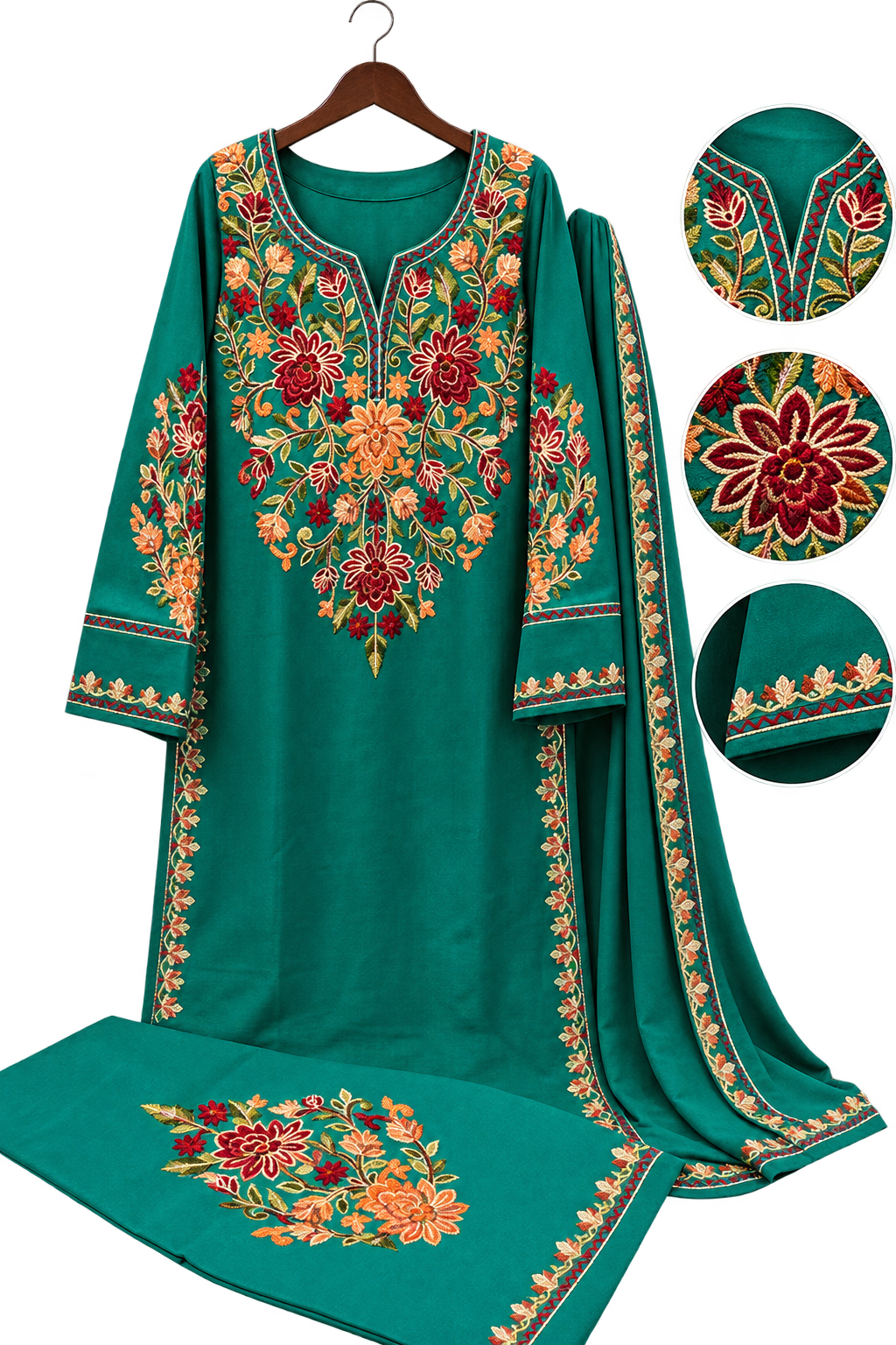 Teal Green Kashmiri Embroidered Dress – Traditional Elegance - Image 2